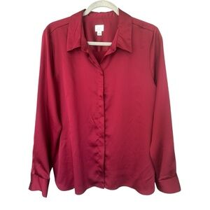 a new day Burgundy Button Down Fall Office Work Staple Satin Feel Sz L